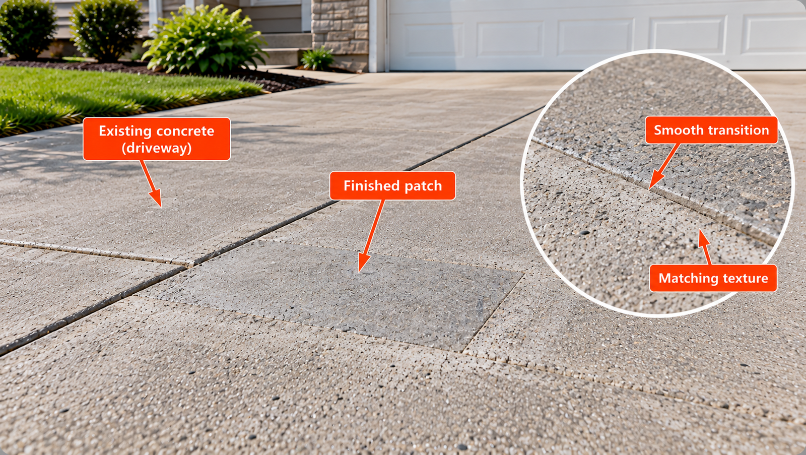 Finished rectangular concrete patch in an existing driveway, showing a level surface, similar concrete texture, and a close-up of the repair edge.