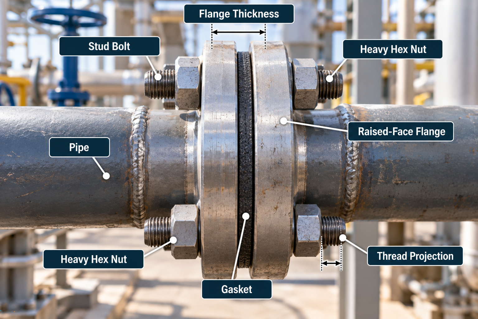 Bolted steel pipe flange connection with labeled stud bolts, heavy hex nuts, gasket, flange thickness, and thread projection.