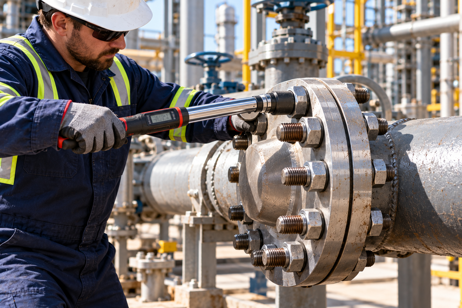 Industrial worker using a torque wrench to tighten a stud bolt nut on a large steel pipe flange connection.