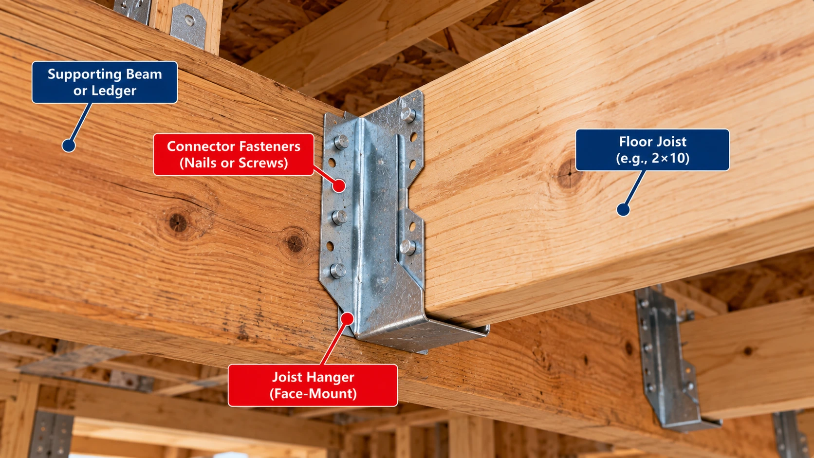 Close-up of a galvanized face-mount joist hanger supporting a wood floor joist against a beam, with connector fasteners and structural framing components labeled.