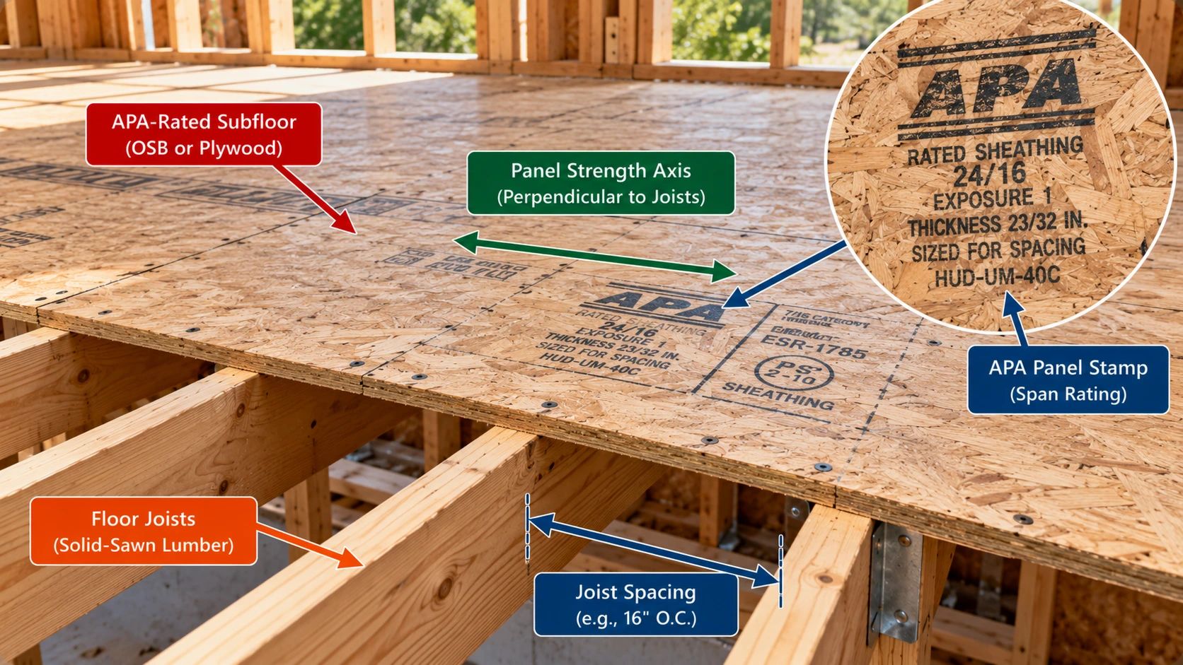 Residential wood floor framing with OSB subfloor panels installed over solid-sawn lumber joists, showing 16-inch on-center joist spacing, panel strength axis, and APA-rated sheathing stamp.