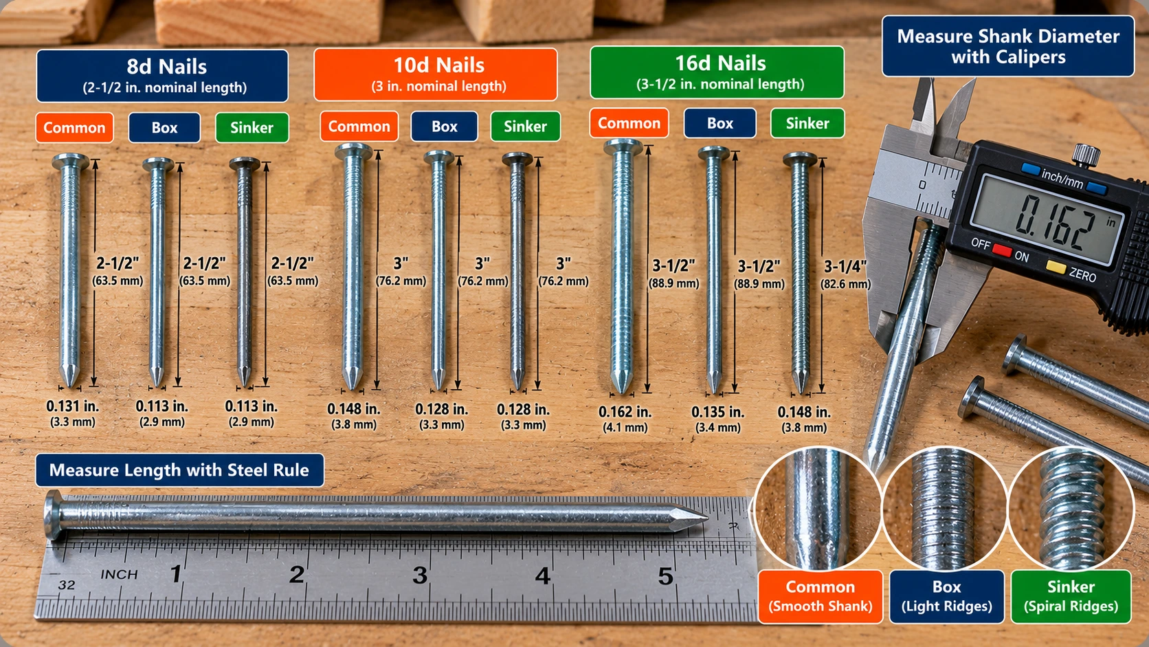 Comparison of 8d, 10d and 16d framing nails, including common, box and sinker types, with labeled lengths, shank diameters, a digital caliper and steel ruler.