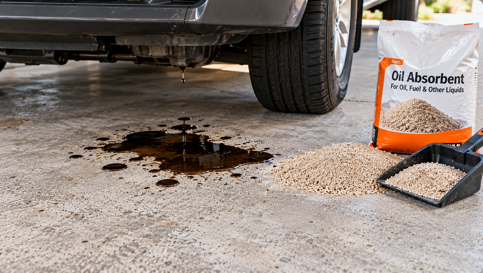 Fresh motor oil leaking beneath a parked vehicle onto concrete, with oil absorbent material and a dustpan nearby.
