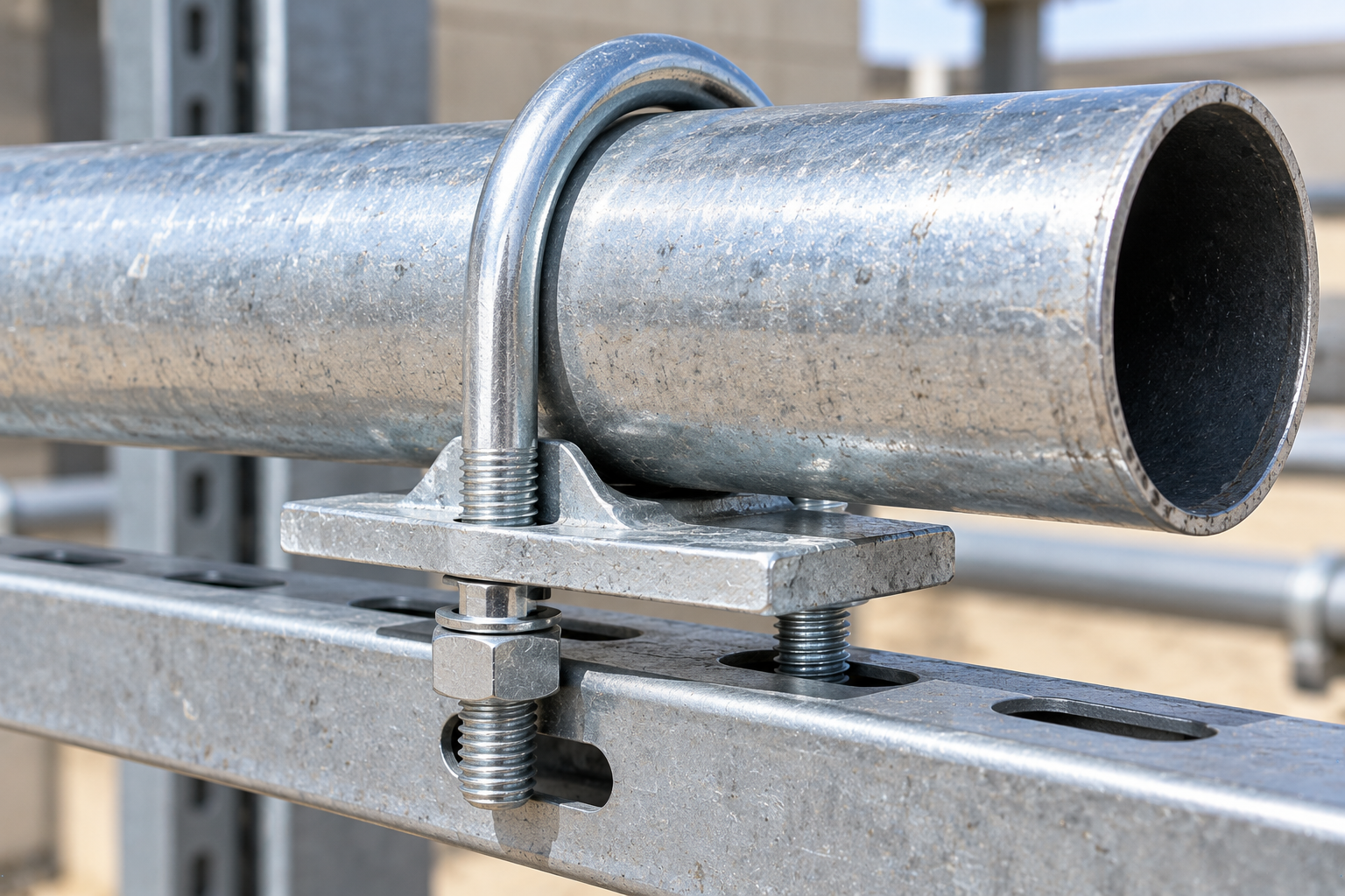 Galvanized steel U-bolt securing a horizontal metal pipe to a slotted steel support channel with a pipe saddle, mounting plate, and nuts.