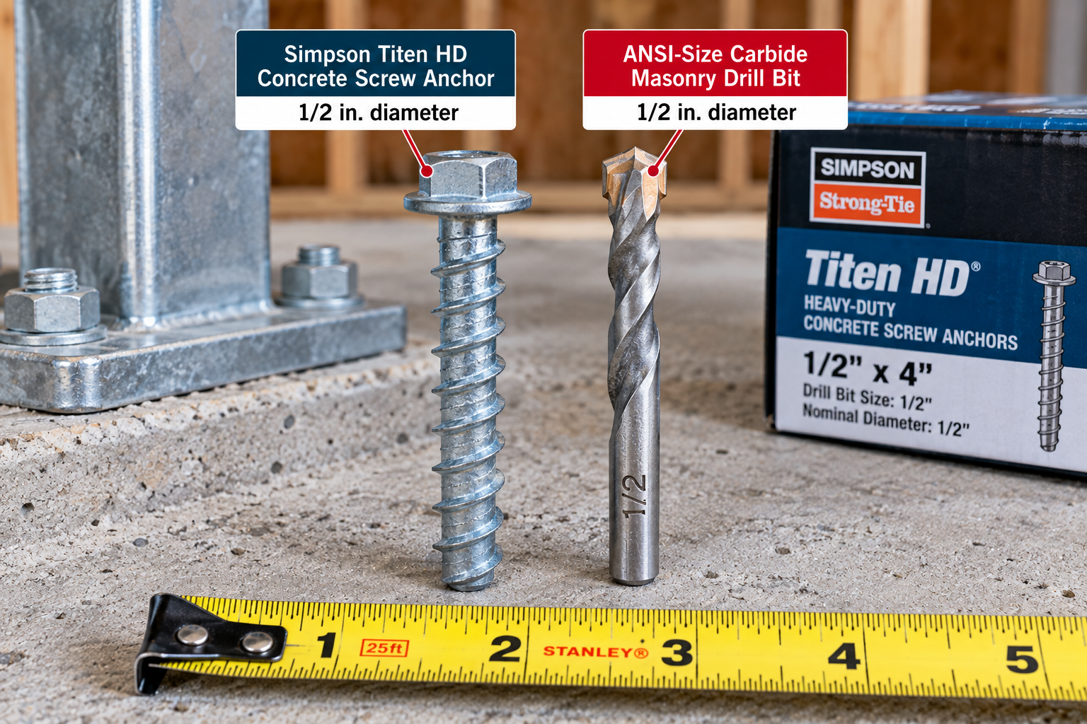 Half-inch concrete screw anchor beside a 1/2-inch carbide masonry drill bit, showing the matching anchor and drill bit diameters.