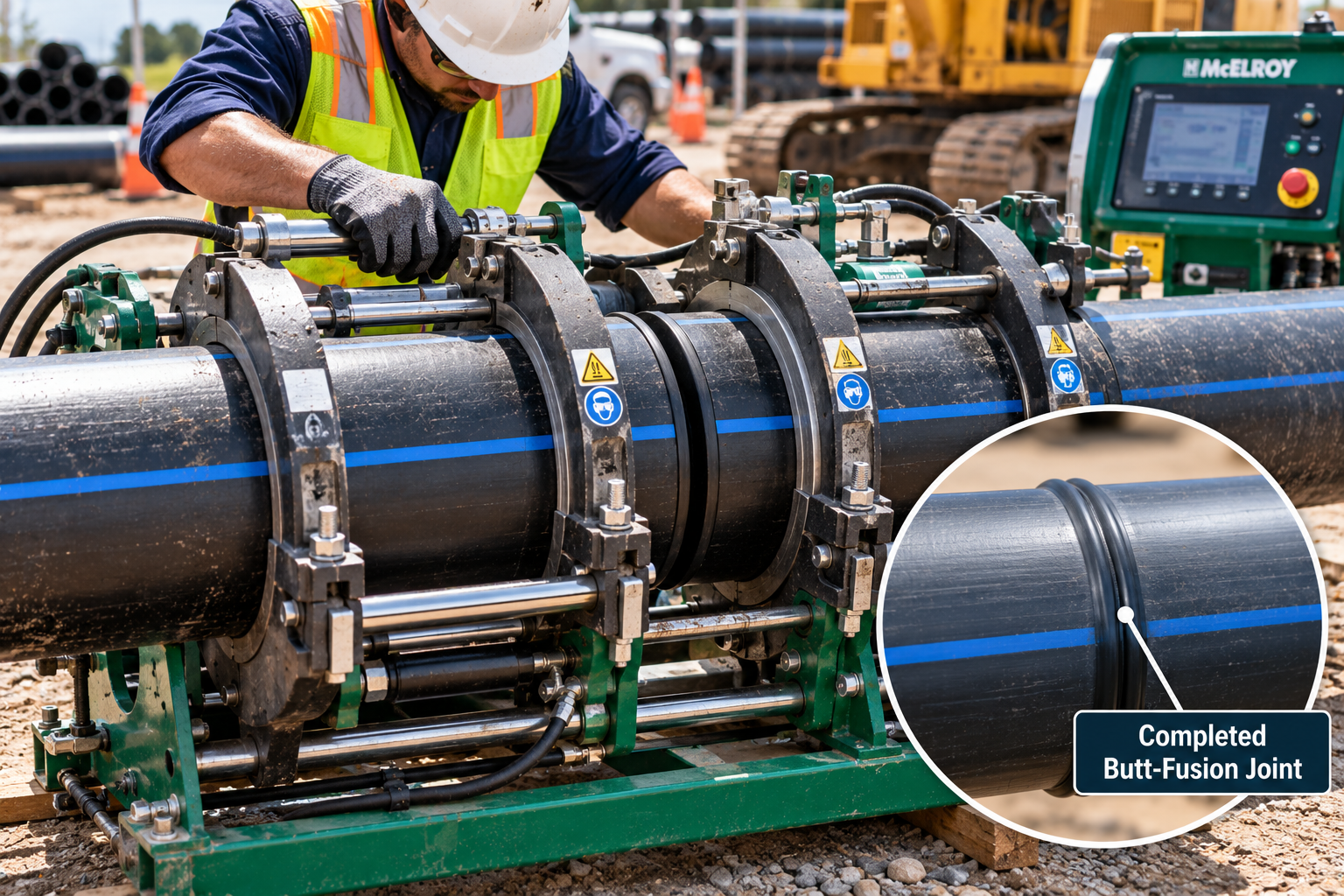 Worker operating a hydraulic butt-fusion machine to join two black HDPE pipes with blue stripes, with an inset showing the completed fusion joint.