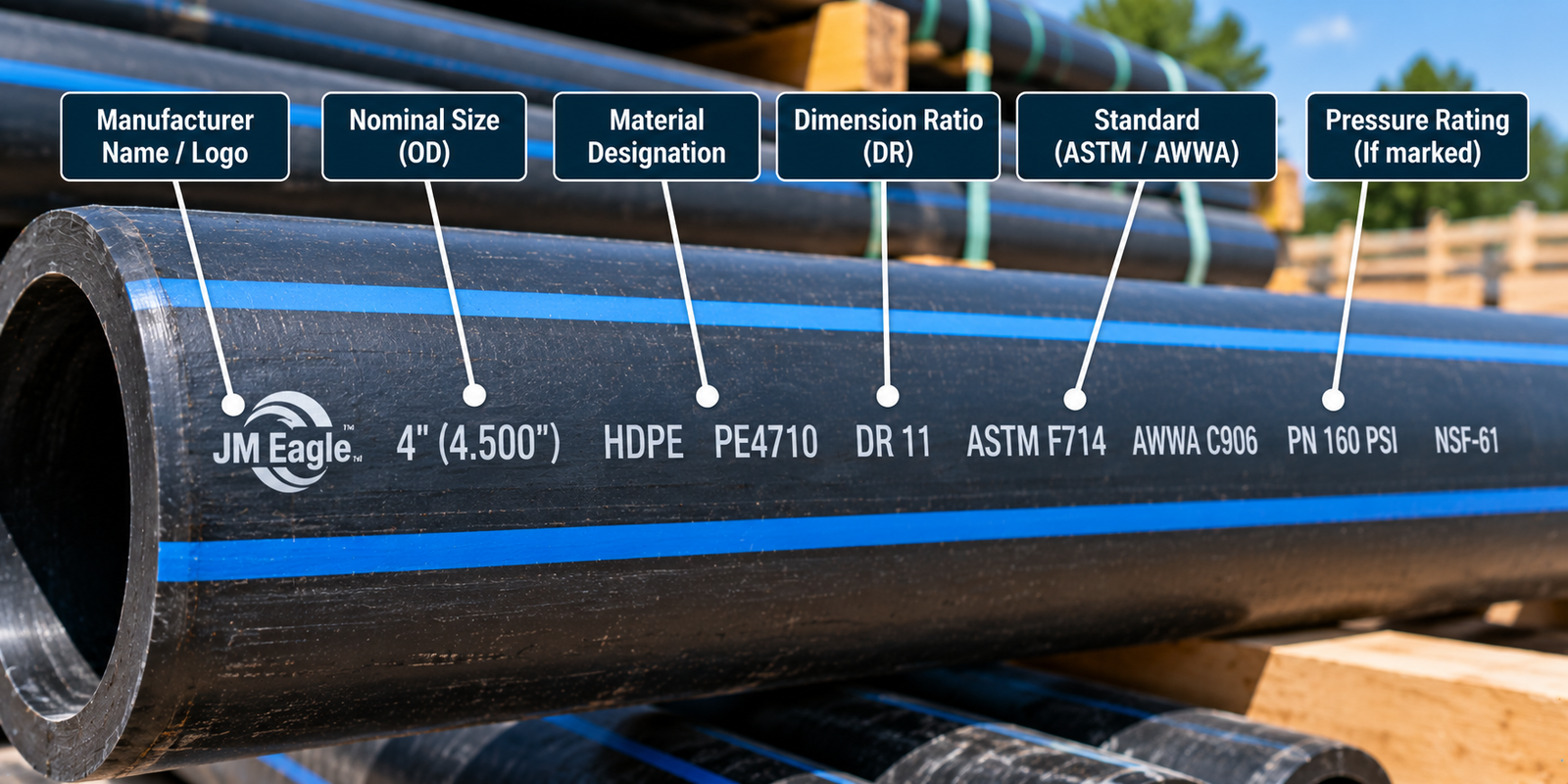 Black HDPE PE4710 pipe with blue stripes showing manufacturer logo, 4-inch nominal size, DR 11, ASTM F714, AWWA C906, and pressure markings.