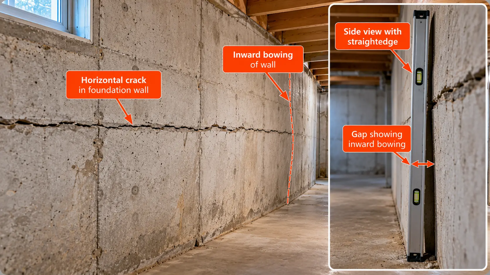 Concrete basement foundation wall with a horizontal crack and inward bowing, including a straightedge showing the gap caused by wall deformation.