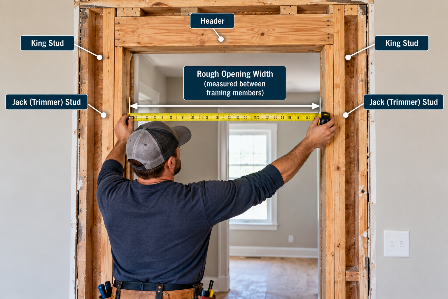 Carpenter using a tape measure to check the width of an interior door rough opening between jack studs, with the header and king studs labeled.