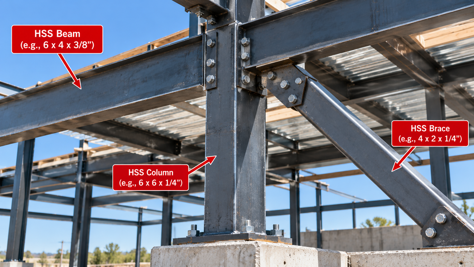 Steel building frame showing HSS members used as a horizontal beam, vertical column, and diagonal structural brace with bolted connections.