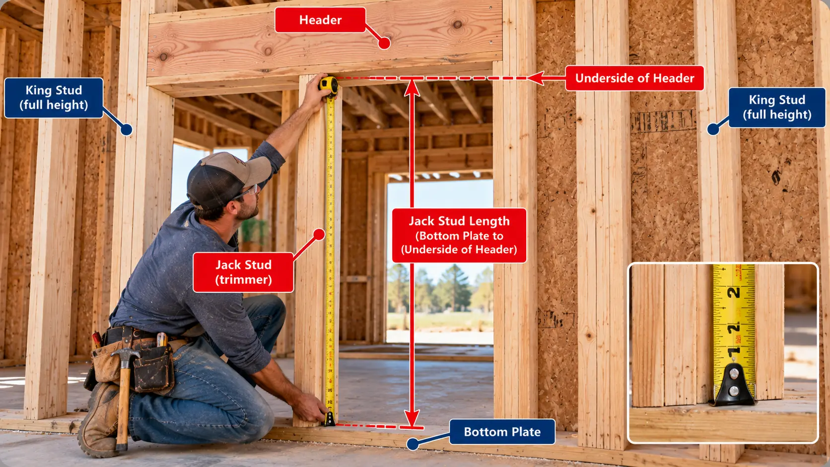 Construction worker measuring jack stud length from the top of the bottom plate to the underside of a wood header, with king studs and framing components labeled.