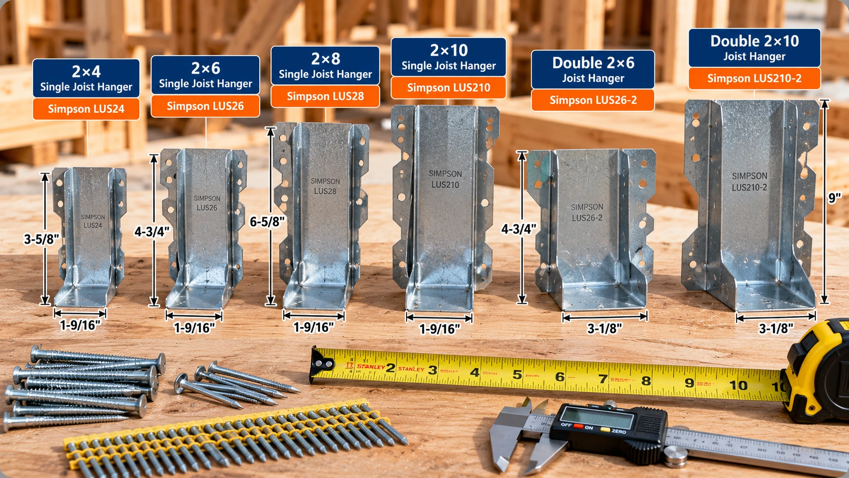 Galvanized single- and double-width face-mount joist hangers arranged on a workbench with a tape measure, caliper and fasteners.