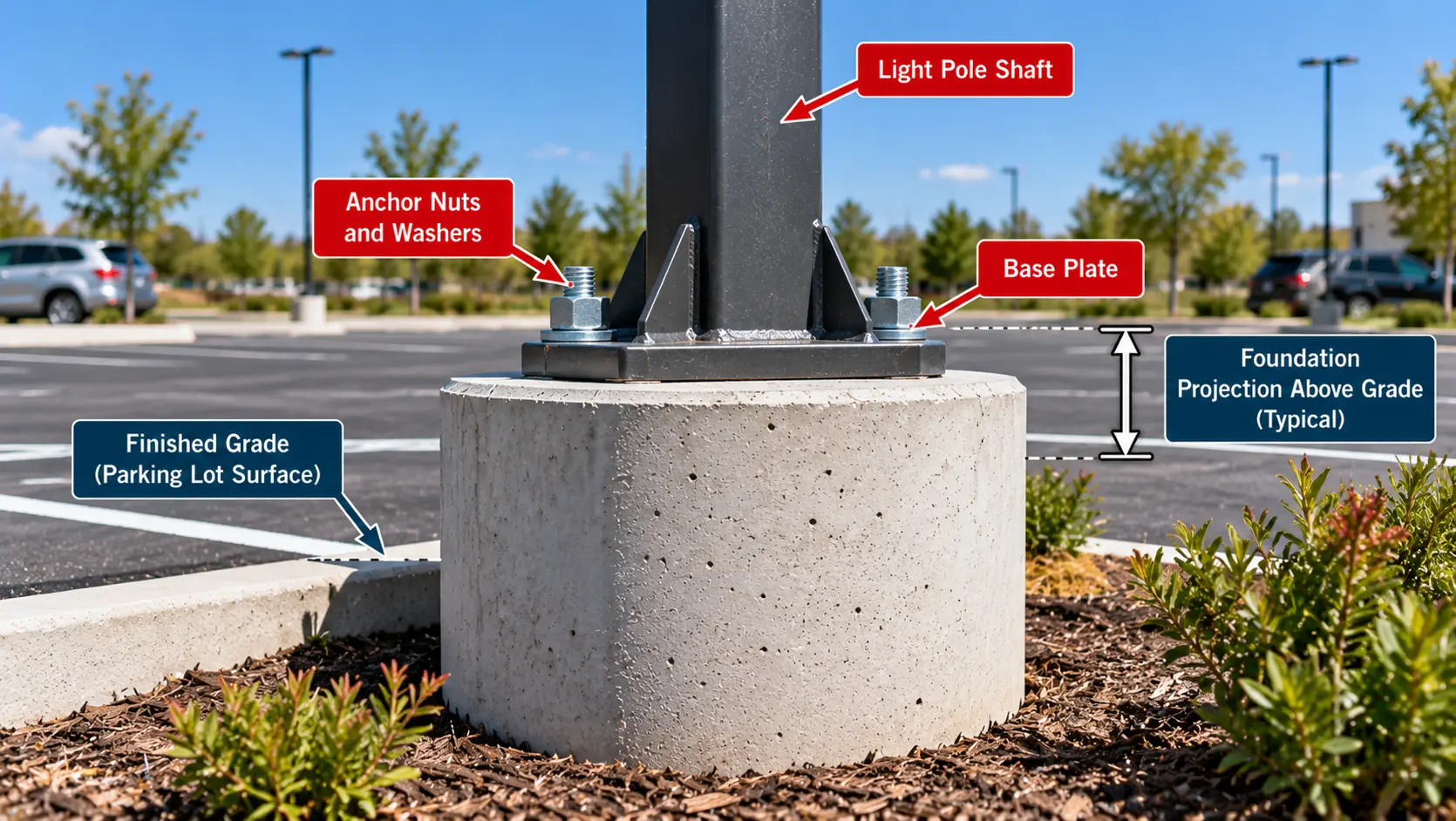 Installed parking lot light pole on a cylindrical concrete foundation showing steel base plate, anchor nuts and washers, light pole shaft, finished grade, and foundation projection above ground.