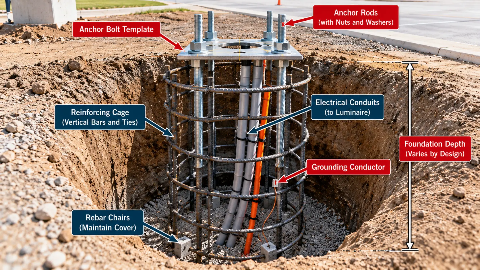 Excavated concrete light pole foundation showing anchor bolt template, threaded anchor rods, reinforcing steel cage, electrical conduits, grounding conductor, rebar chairs, and foundation depth.