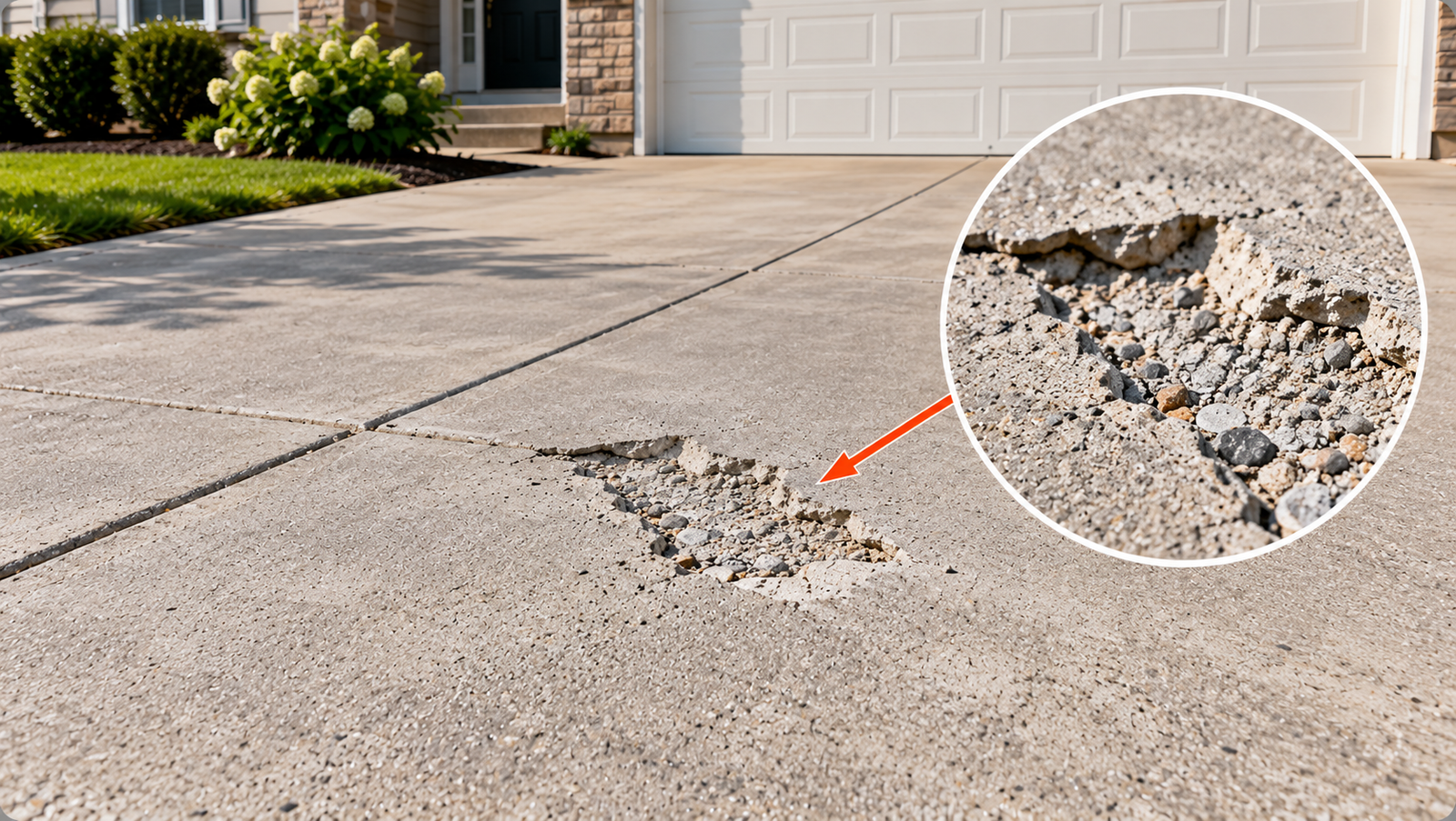 Residential concrete driveway with a localized spalled area exposing coarse aggregate, surrounded by generally intact concrete, with a magnified close-up of the damage.