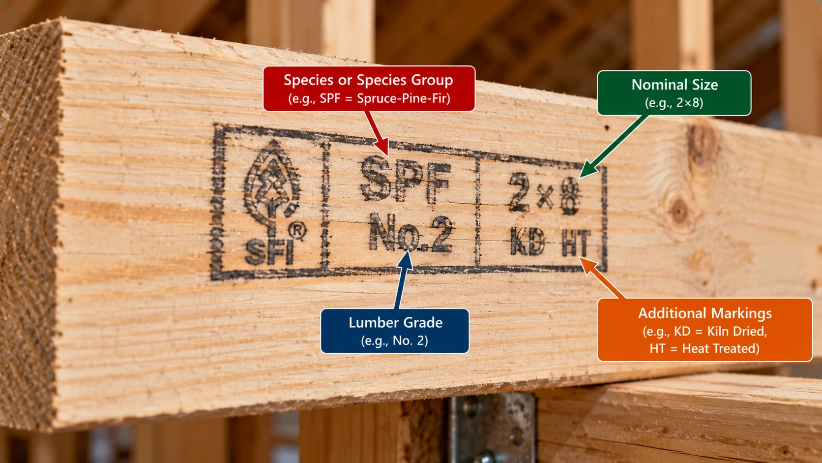 Close-up of a 2×8 SPF No. 2 framing lumber grade stamp showing spruce-pine-fir species group, No. 2 lumber grade, nominal size, KD kiln-dried marking, and HT heat-treated marking.