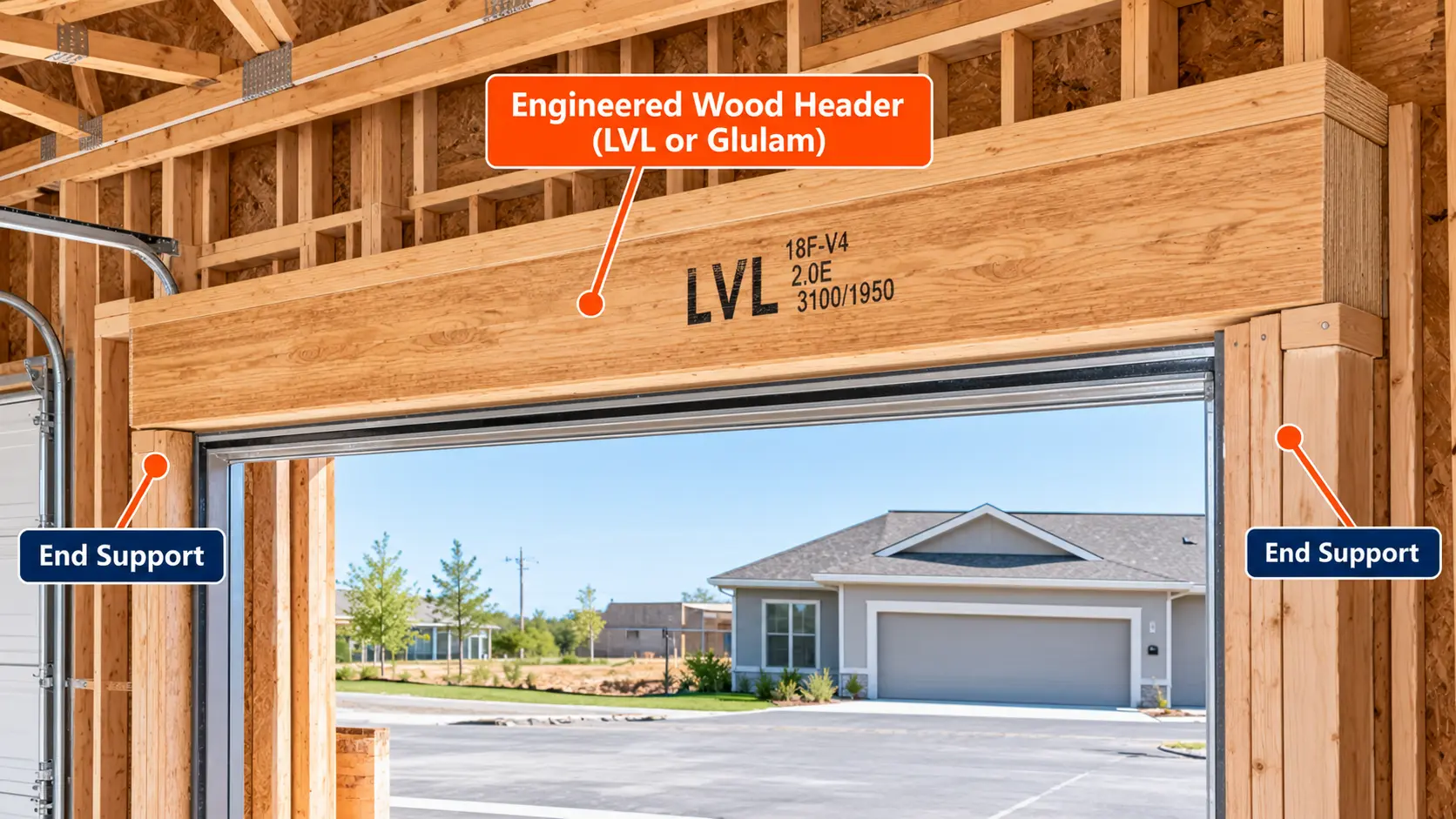 Large LVL engineered wood header spanning a residential garage door opening, with labeled end supports and visible wood wall framing.
