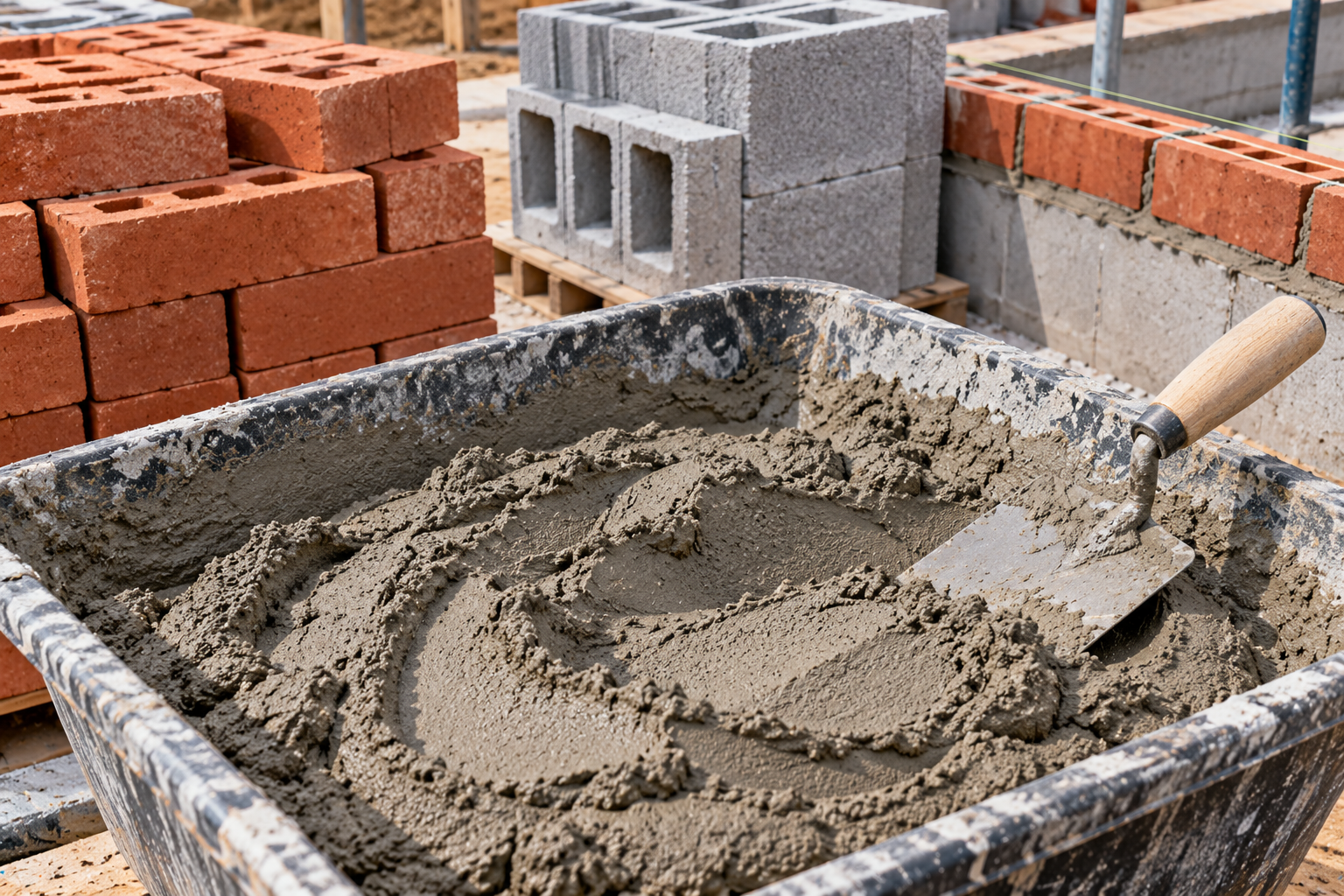 Fresh masonry mortar in a mixing tub with a trowel beside bricks and concrete masonry blocks at a construction site.