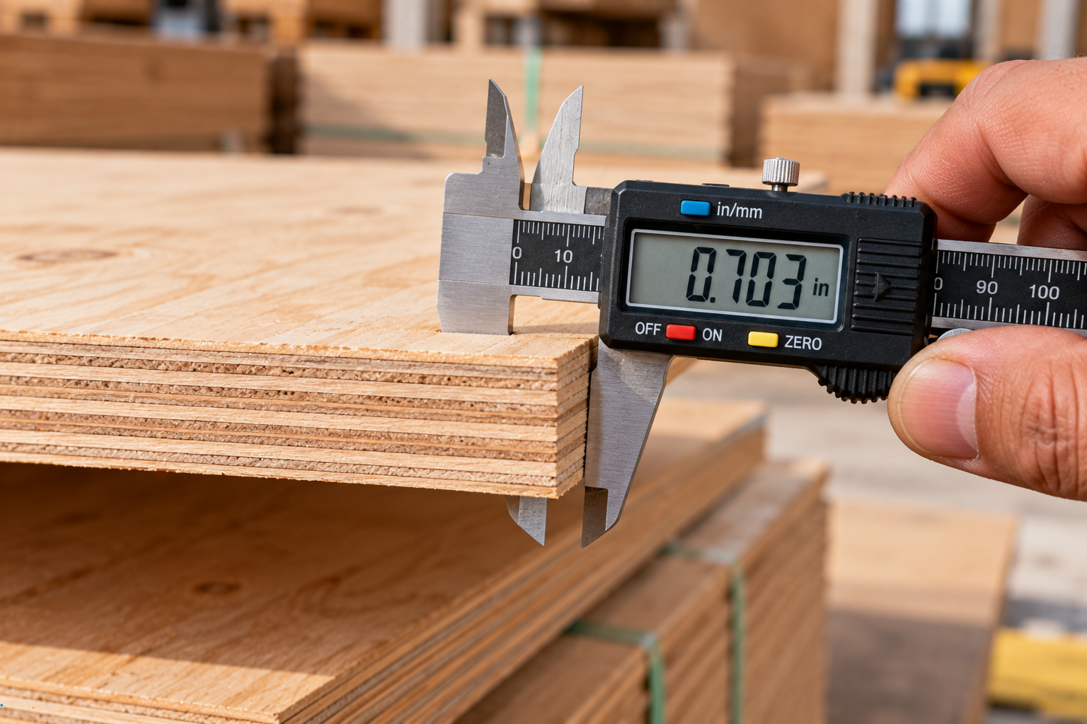 Digital caliper measuring the edge thickness of a plywood sheet with a displayed reading of 0.703 inches.