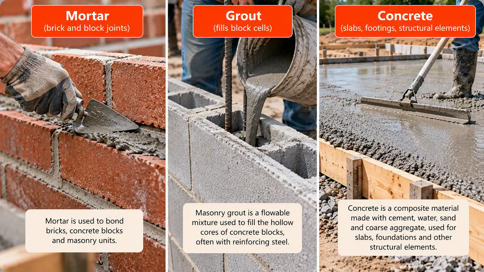 Three-panel comparison showing mortar applied between bricks, masonry grout poured into reinforced concrete block cells, and concrete being leveled in a slab.