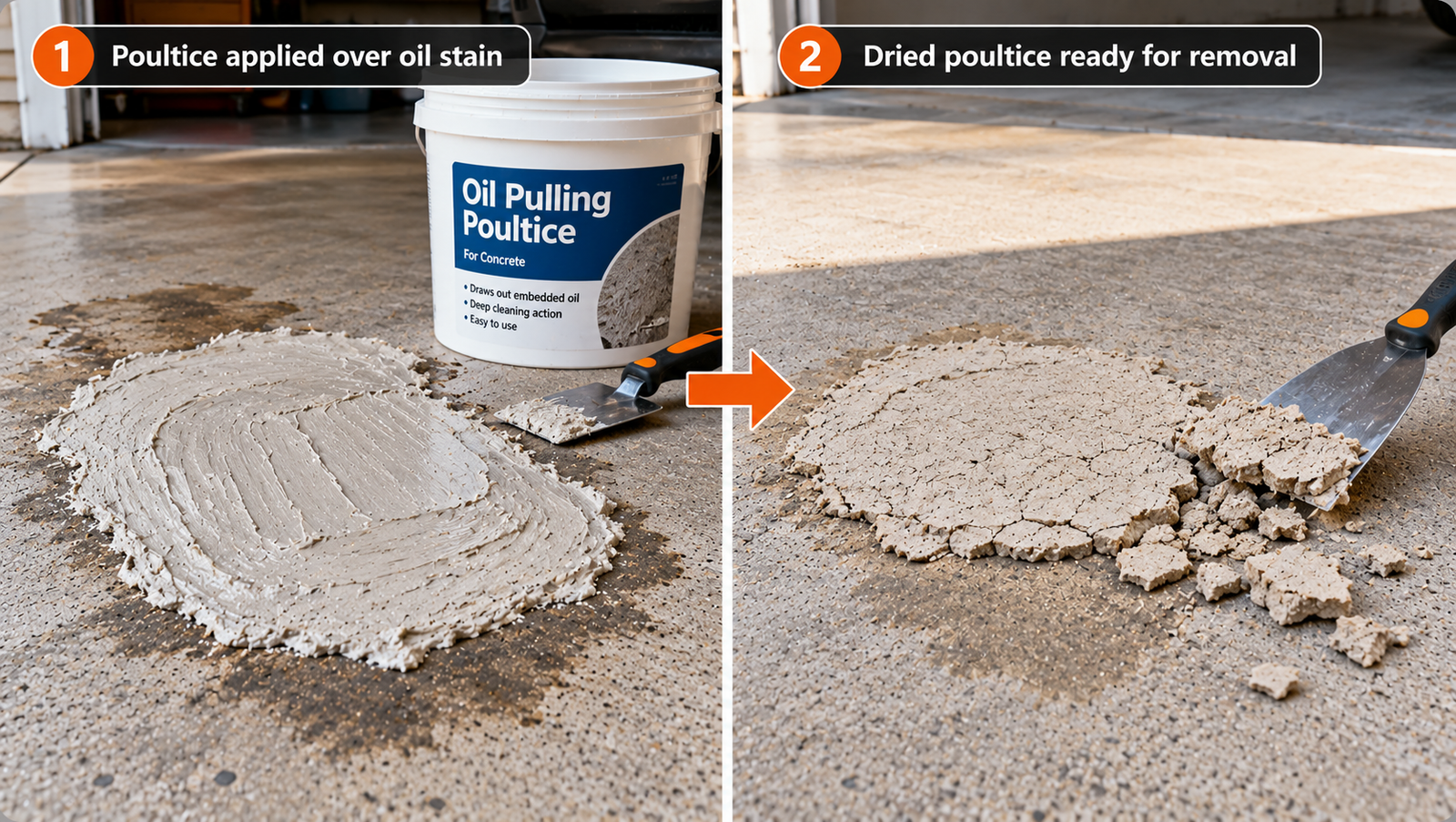 Side-by-side wide and close-up views of a persistent dark oil stain on a dry concrete garage floor after surface washing.