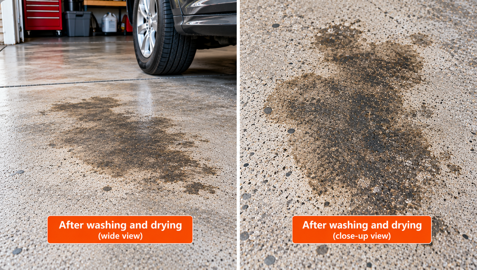 Two-step demonstration of oil stain removal from concrete showing a white poultice applied over an oil stain and the dried, cracked material being removed with a scraper.