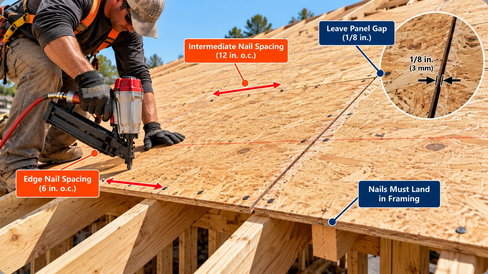 Roofer fastening OSB roof sheathing with a pneumatic nail gun, illustrating 6-inch edge nail spacing, 12-inch intermediate spacing, and a 1/8-inch panel gap.