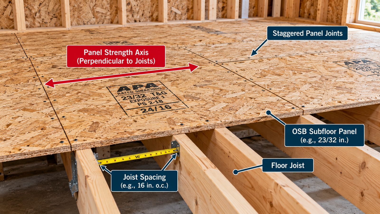 OSB subfloor panels installed over floor joists with 16-inch on-center spacing, staggered panel joints, and the panel strength axis perpendicular to the joists.