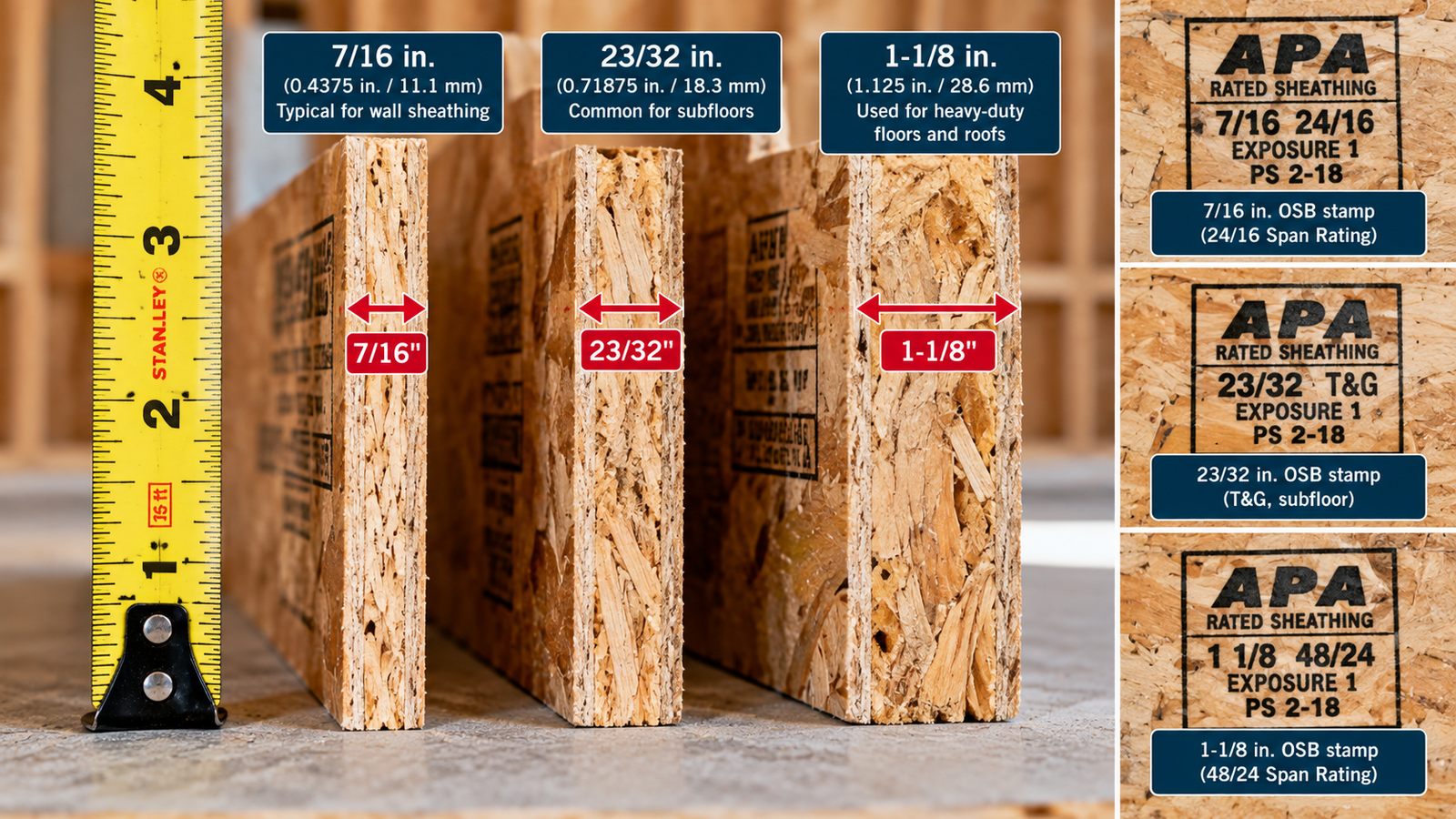 OSB thickness comparison showing 7/16-inch wall sheathing, 23/32-inch subfloor panels, and 1-1/8-inch heavy-duty OSB with APA span-rating stamps.