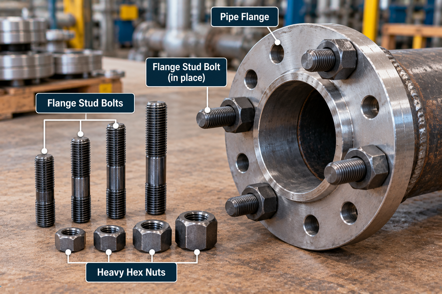 Steel pipe flange with installed threaded stud bolts and heavy hex nuts, alongside loose flange studs of different lengths.
