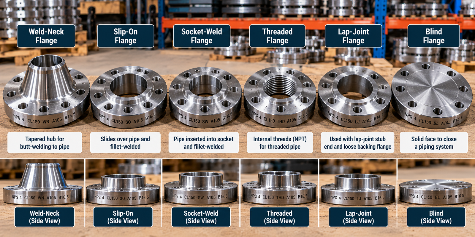 Six steel pipe flange types arranged side by side: weld-neck, slip-on, socket-weld, threaded, lap-joint, and blind, with top and side views.