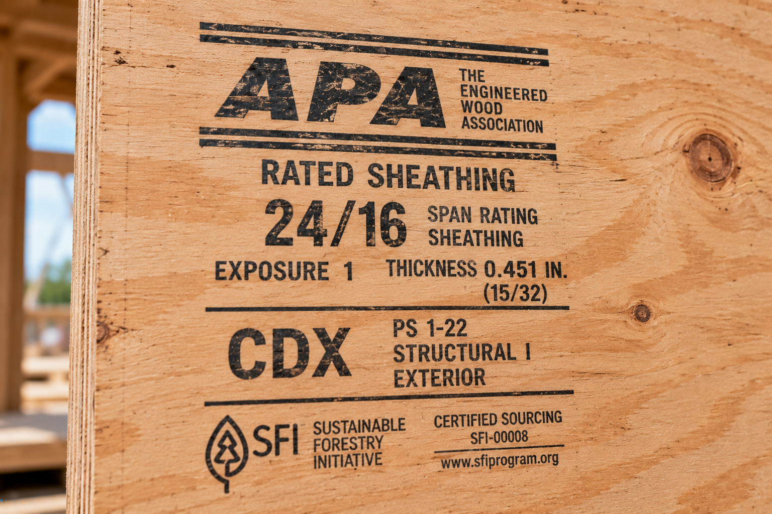 Plywood panel grade stamp showing 24/16 span rating, Exposure 1, 15/32 thickness, Structural I and PS 1-22 markings.