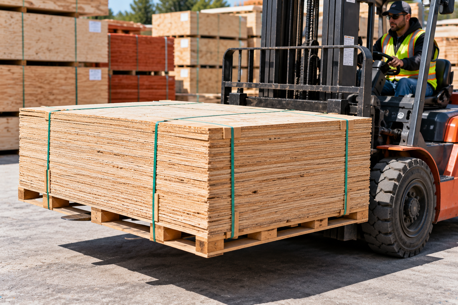 Forklift carrying a strapped pallet of plywood sheets at an outdoor lumber yard.