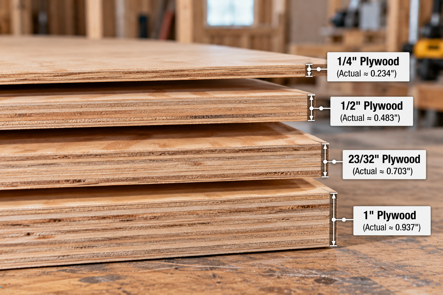 Plywood sheets showing 1/4, 1/2, 23/32 and 1 inch nominal thicknesses with approximate actual thickness measurements.