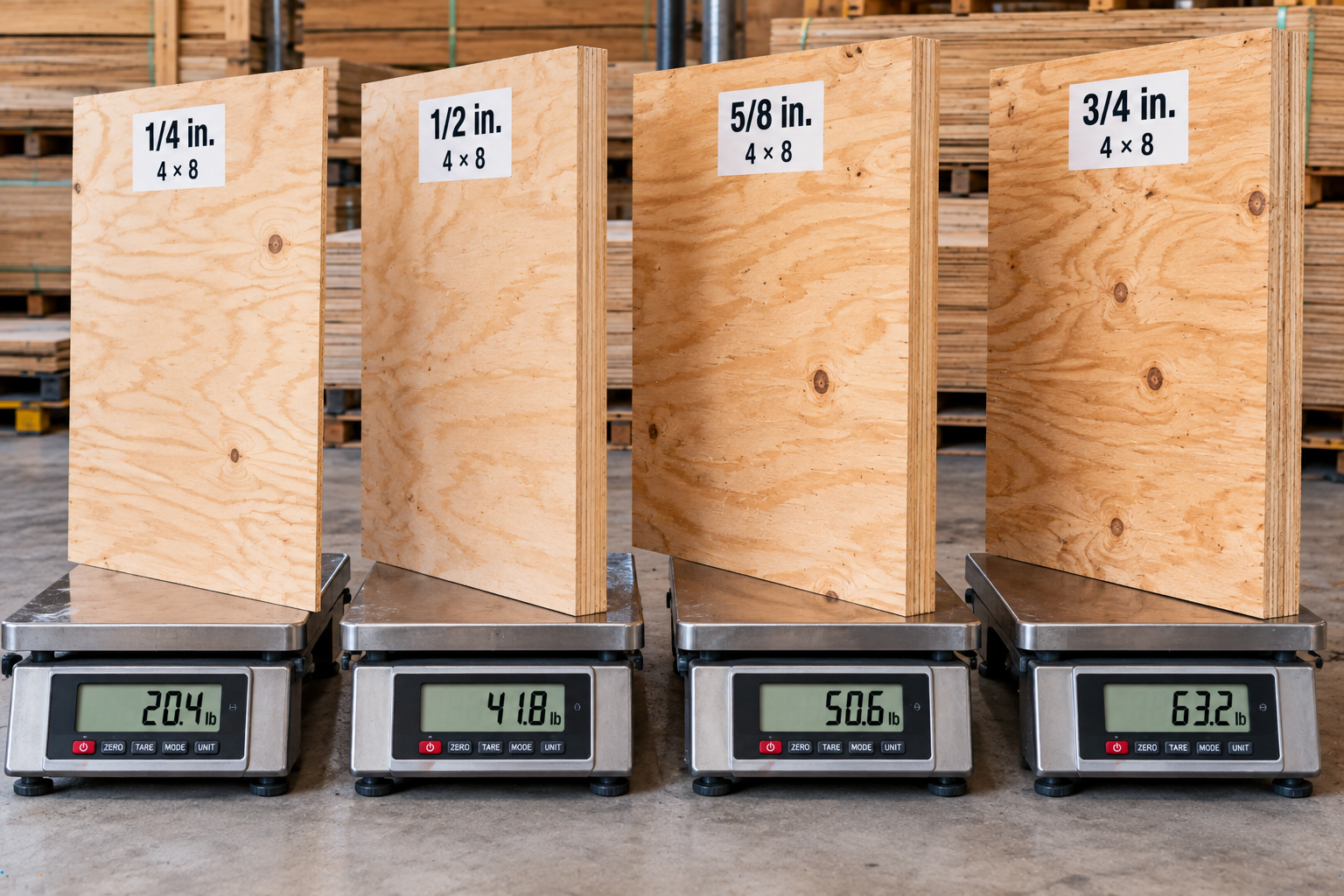 Four 4 × 8 plywood sheets in 1/4, 1/2, 5/8, and 3/4 inch thicknesses displayed on digital scales for weight comparison.