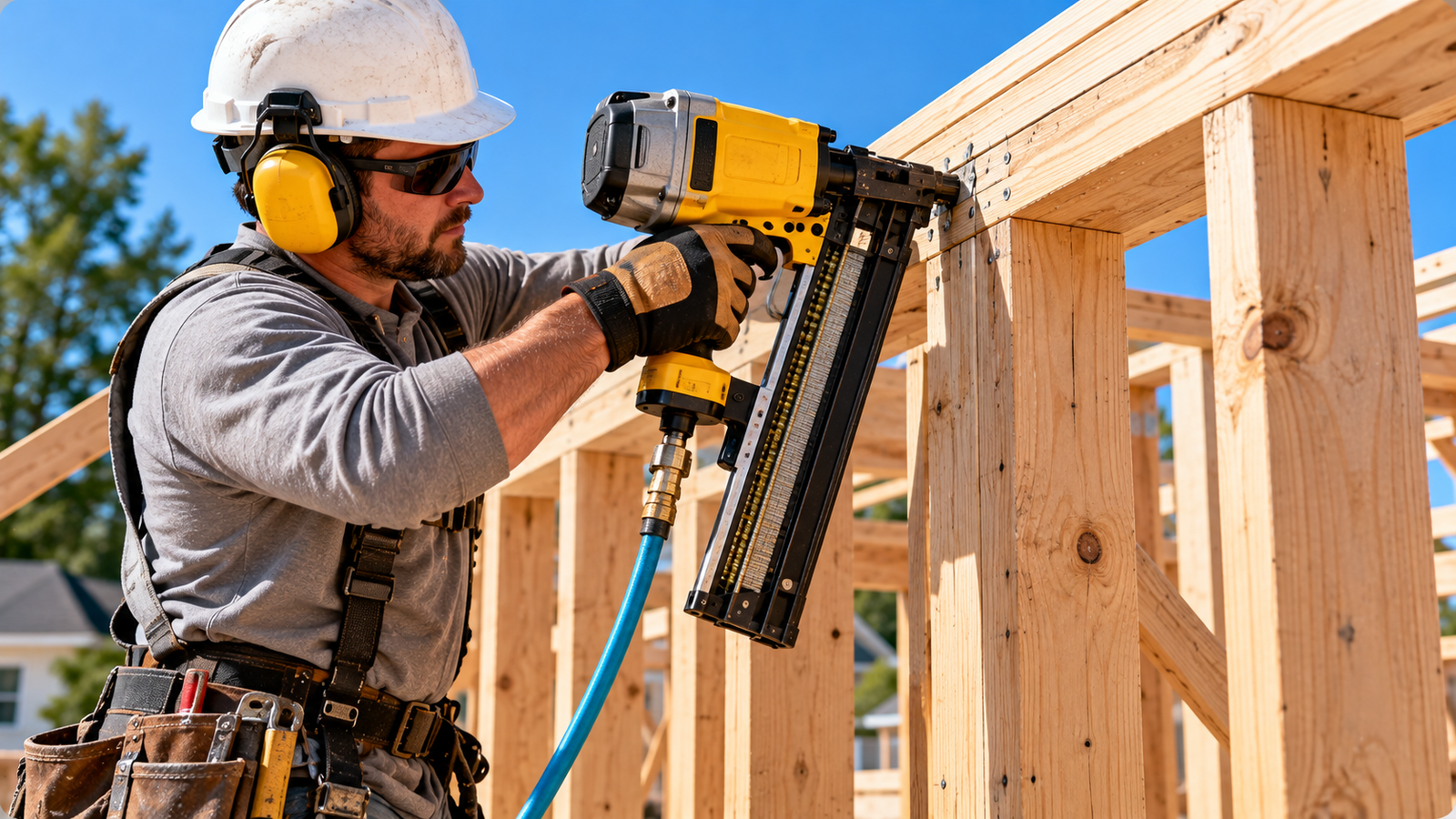 Construction worker using a yellow pneumatic framing nailer to fasten horizontal lumber to vertical wood studs at a residential framing site.