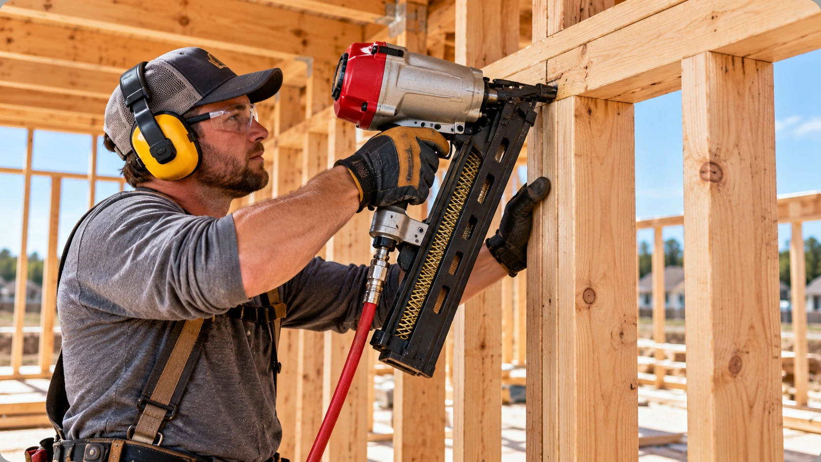 Carpenter wearing safety glasses and hearing protection using a pneumatic framing nailer to fasten lumber at a wall framing joint during residential construction.