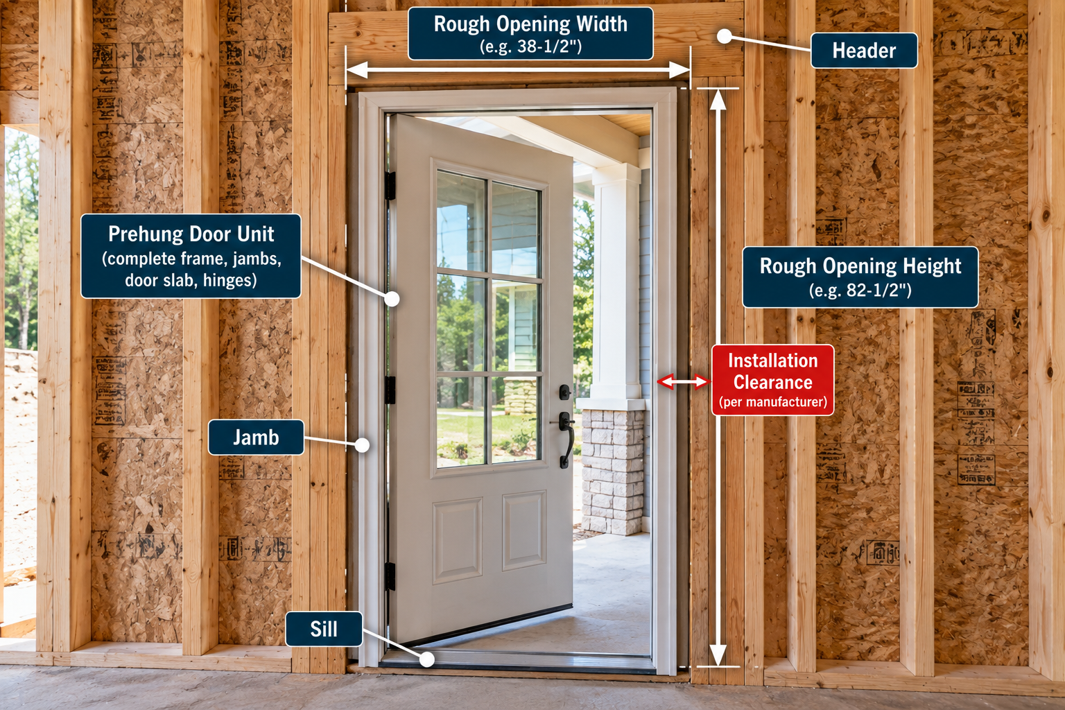 Prehung exterior door installed in a wood-framed rough opening, showing example dimensions of 38-1/2 inches wide and 82-1/2 inches high, with jamb, sill, header, and installation clearance labeled.