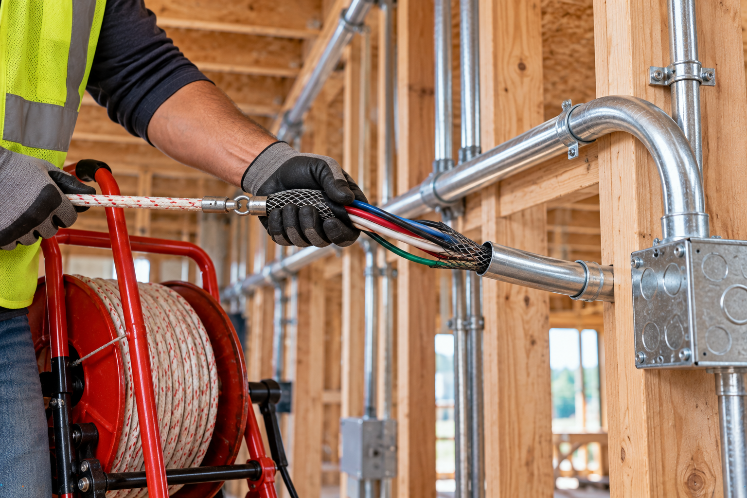 Electrician using a pulling grip and rope to pull multiple insulated conductors through an EMT conduit run.