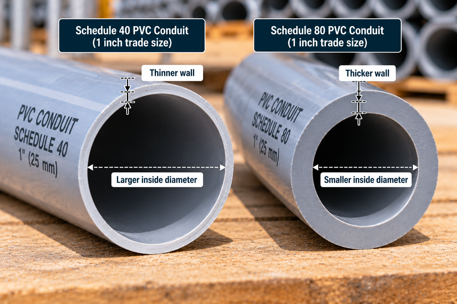 Side-by-side comparison of 1-inch Schedule 40 and Schedule 80 PVC conduits showing thinner and thicker walls and their different inside diameters.
