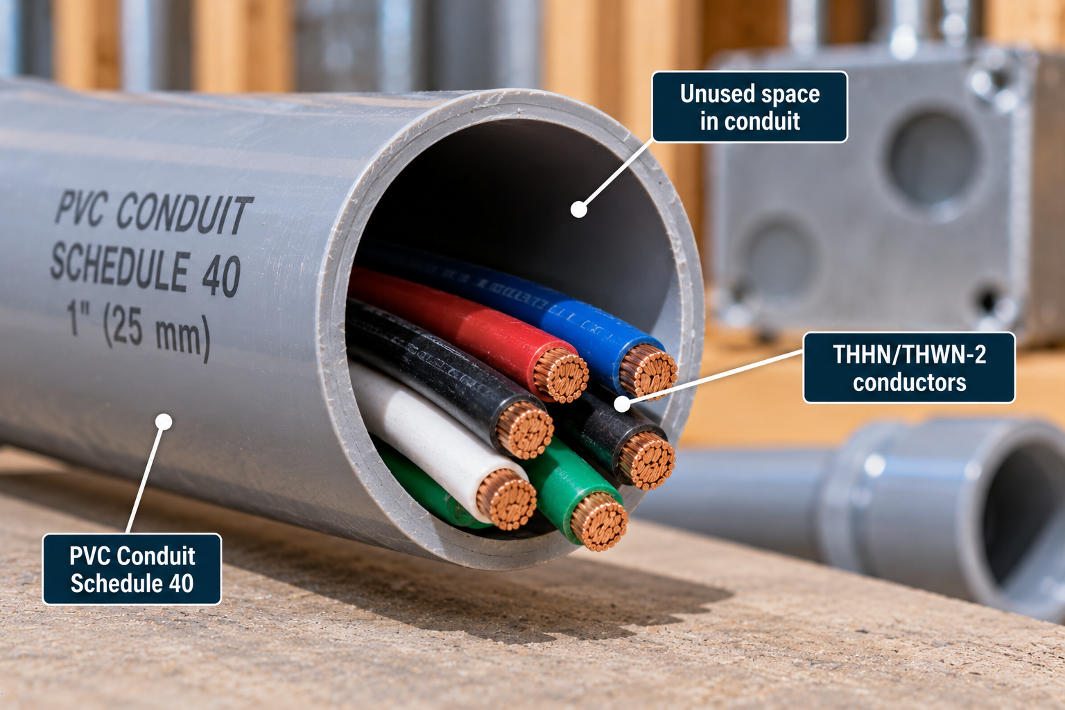 Open end of gray Schedule 40 PVC conduit containing six insulated copper conductors, with labels identifying the wires and unused space inside the conduit.