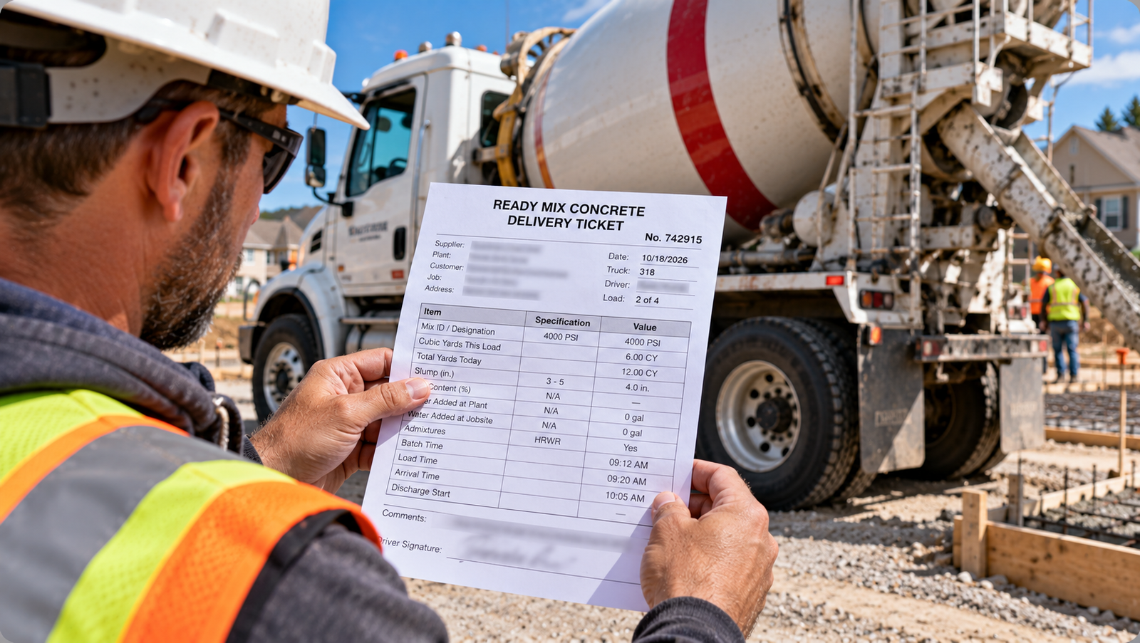Construction worker reviewing a ready-mix concrete delivery ticket showing concrete strength, cubic yards, slump, admixtures, and delivery times beside a concrete mixer truck.