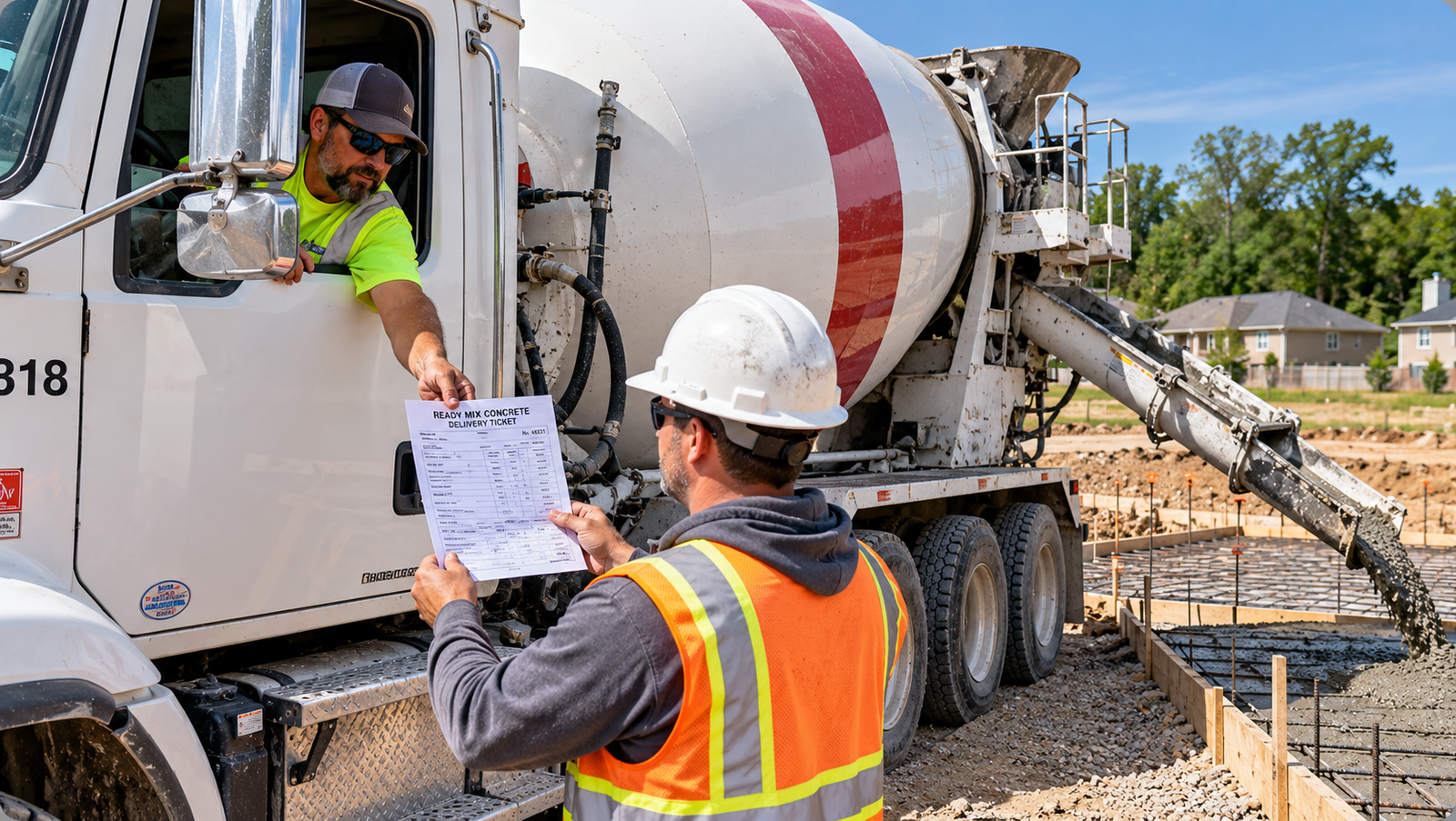 DReady-mix concrete truck driver handing a delivery ticket to a construction supervisor beside the truck and discharge chute at a residential jobsite.