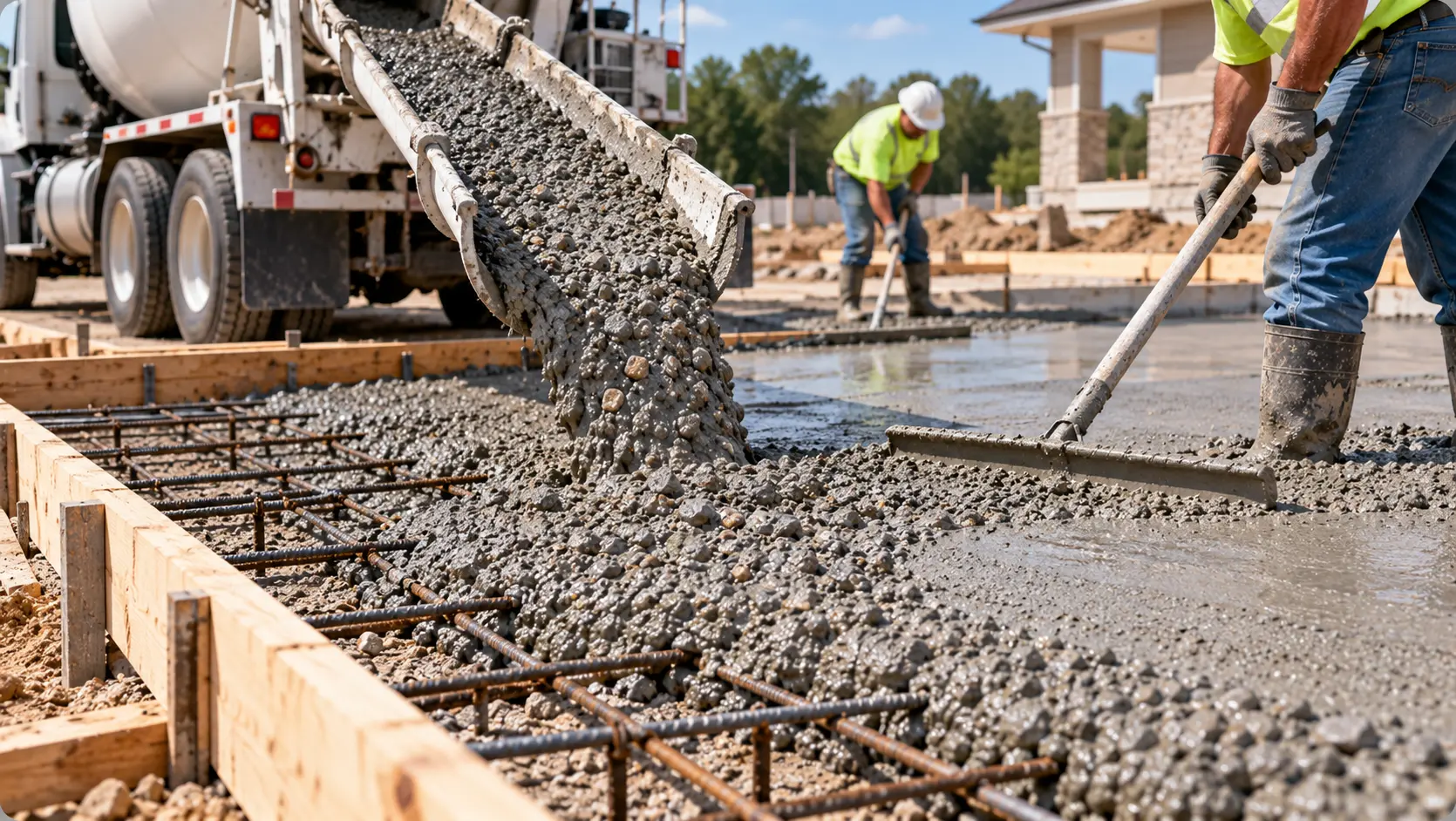 Ready-mix concrete flowing from a mixer truck chute into wooden slab forms over steel rebar while construction workers spread and level the fresh concrete.