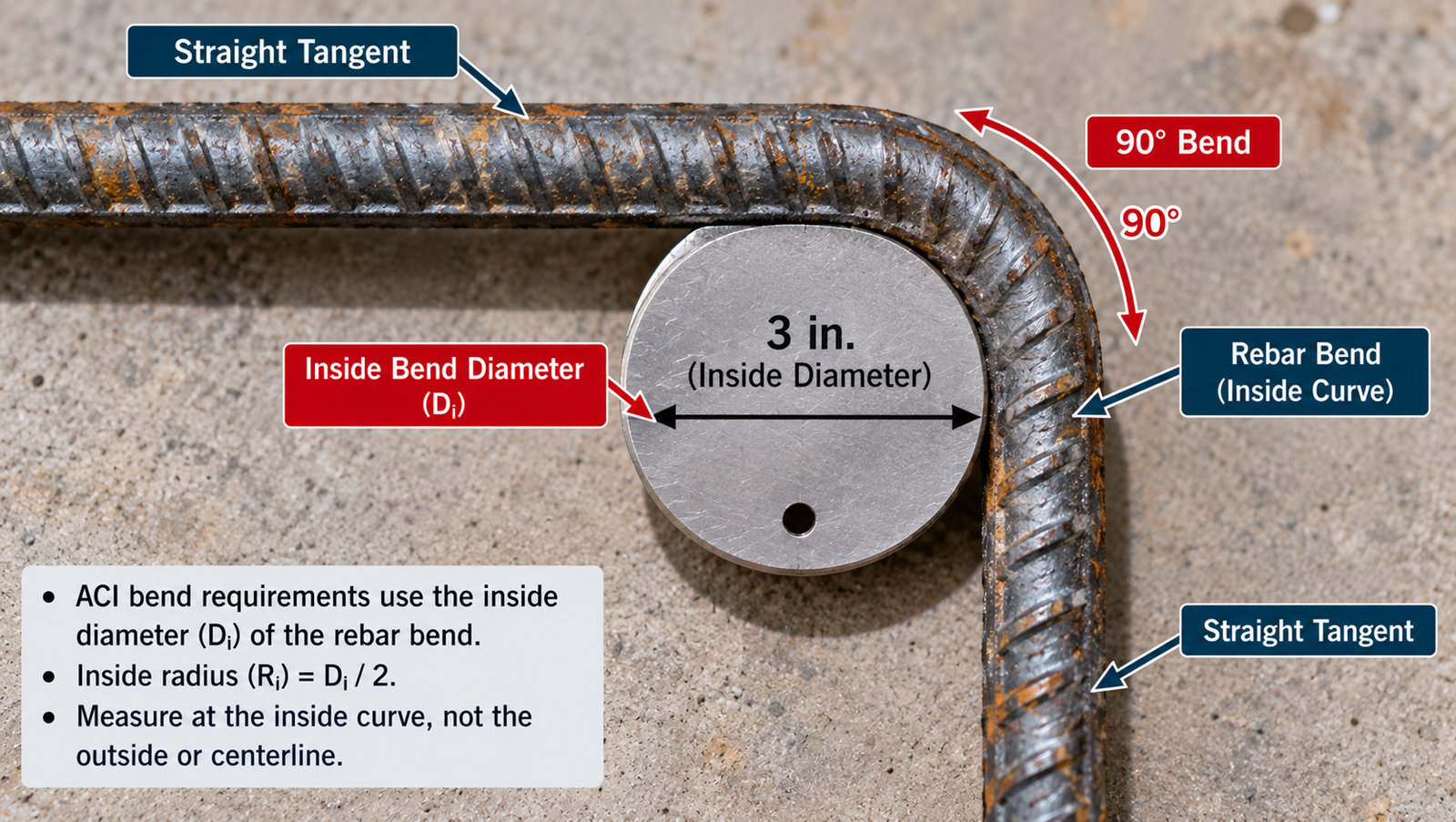 90-degree rebar bend showing a 3-inch inside bend diameter, straight tangents, inside curve, and correct location for measuring rebar bend diameter.