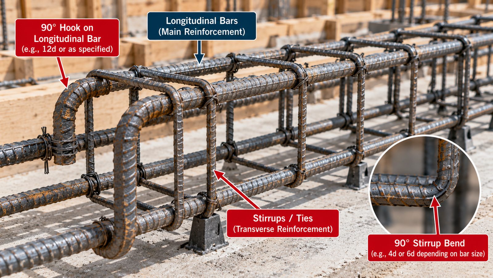 Reinforced concrete rebar cage showing 90-degree hooks on longitudinal bars, transverse stirrups and ties, and a close-up of a 90-degree stirrup bend.