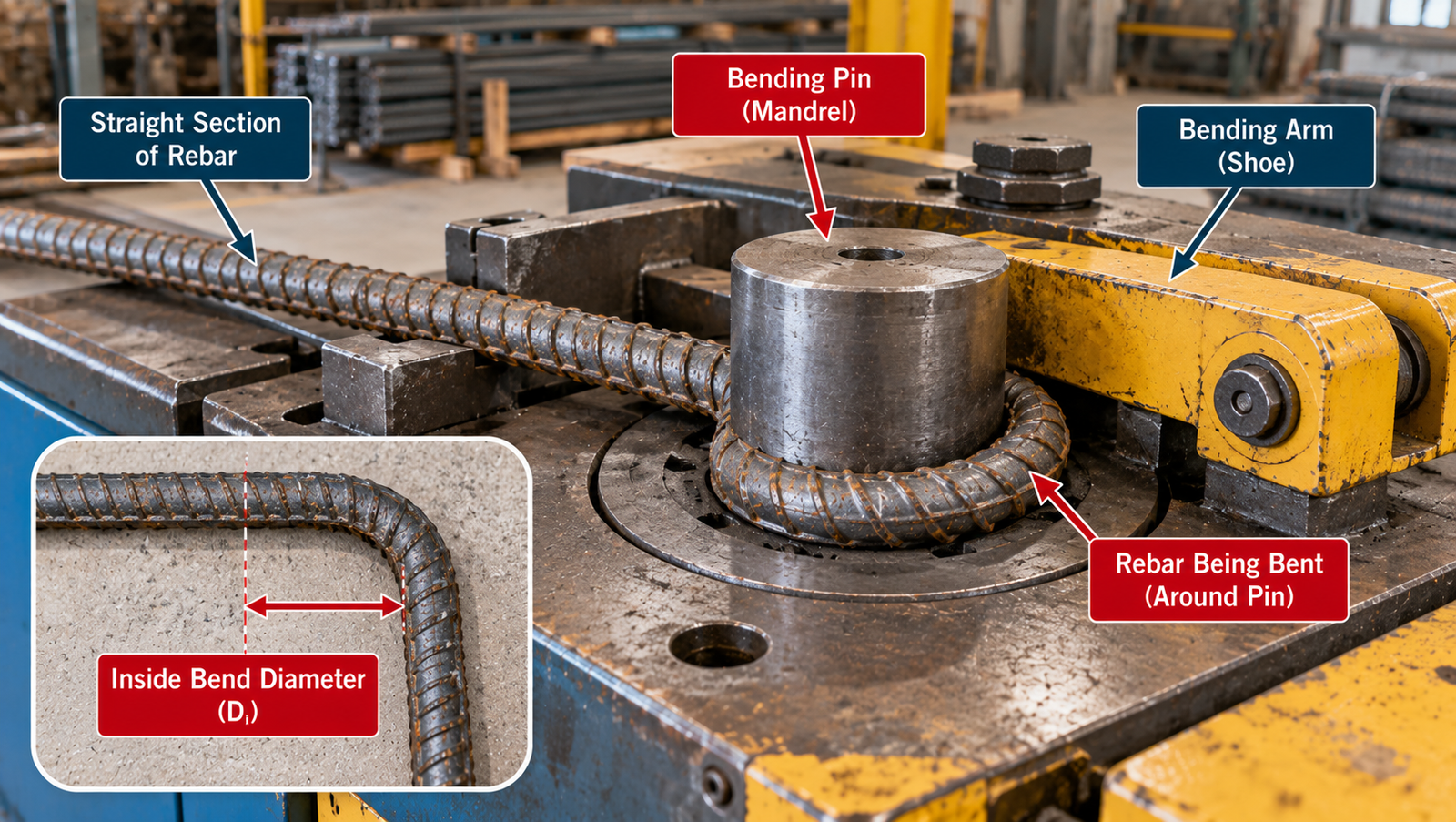 Rebar bending machine showing reinforcing steel bent around a bending pin or mandrel, with bending arm and inside bend diameter illustrated.