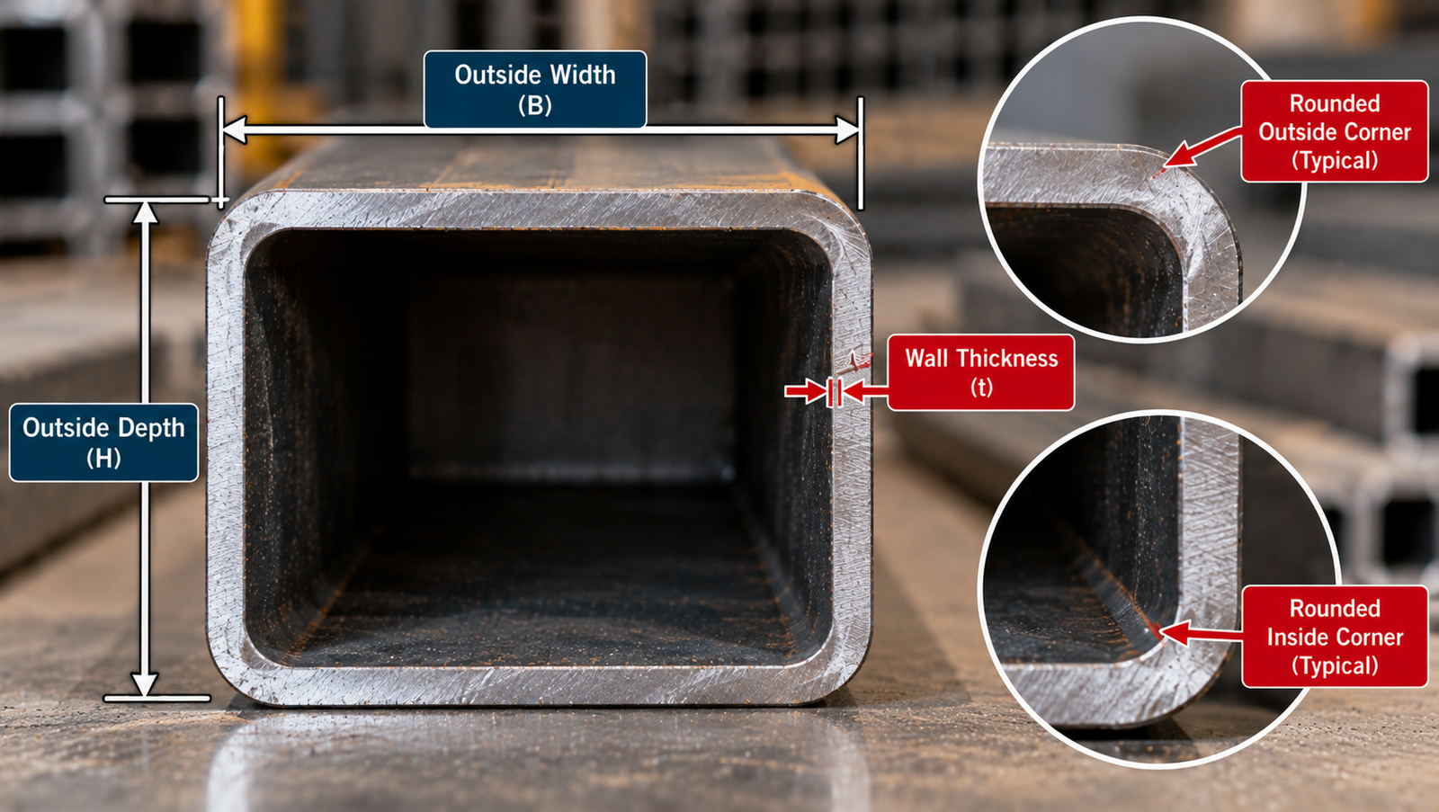 Rectangular HSS steel section showing outside width, outside depth, wall thickness, and typical rounded inside and outside corners.