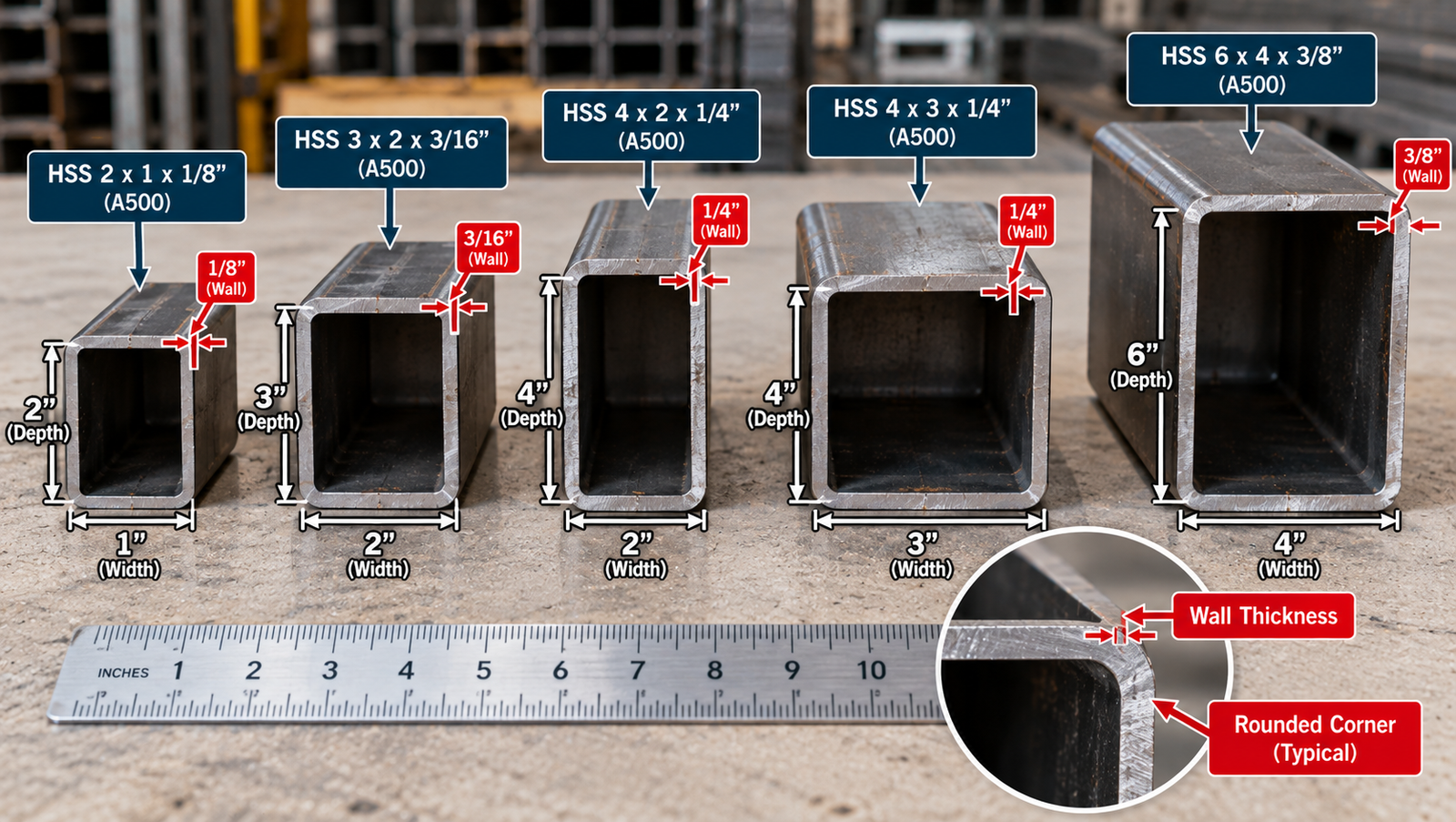 Rectangular HSS steel tube sections in multiple sizes showing width, depth, wall thickness, and typical rounded corners.