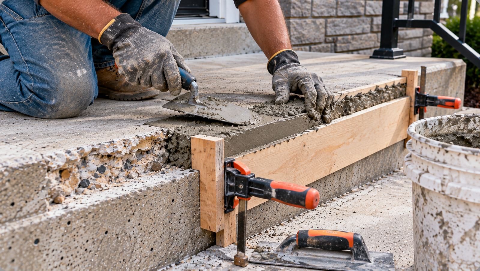 Worker applying concrete repair material with a trowel to a damaged stair edge using clamped wooden formwork to shape the repair.
